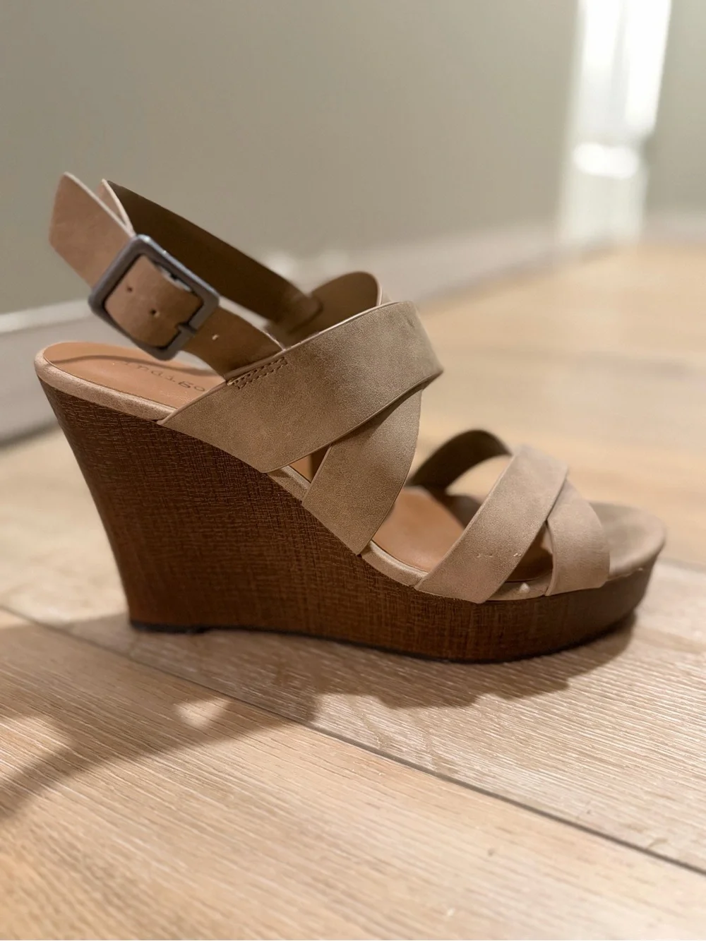 Women's Taupe Crossband Wedge Sandals with Ankle Strap